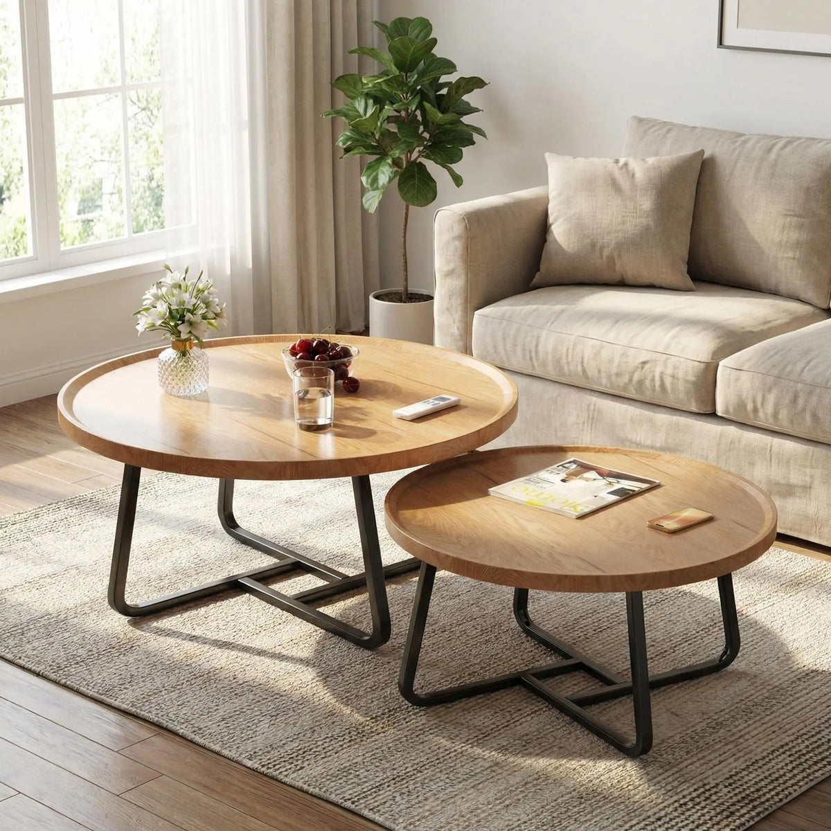 Duo de tables basses Adèle, rondes cannelées effet marbre