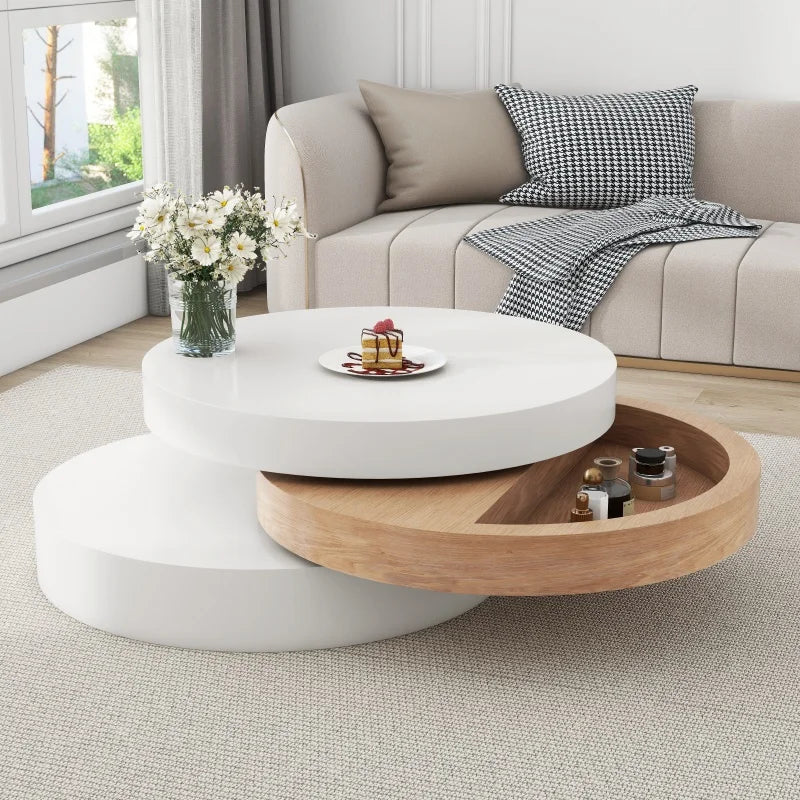 Table basse Nina ronde pivotante blanc et bois