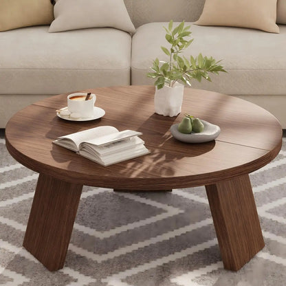 Table basse Léa ronde en noyer, pieds inclinés