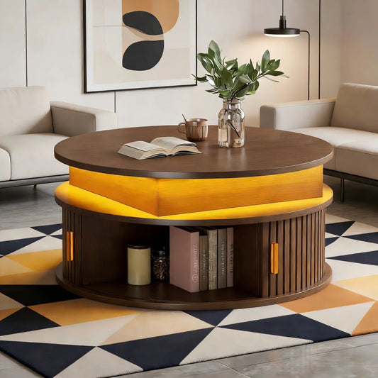 Table basse Romy ronde en noyer, éclairage LED allumé, dans un salon