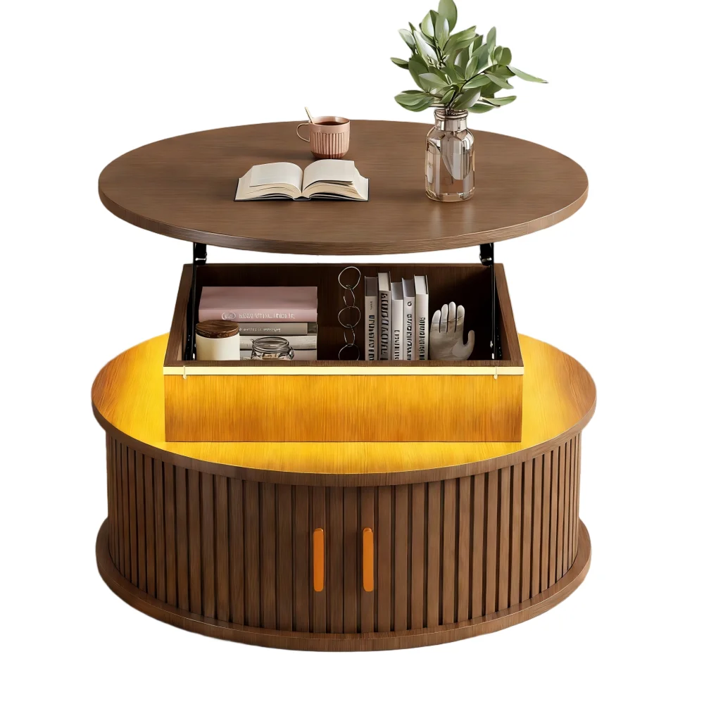 Table basse Romy, plateau relevé, compartiment de rangement et éclairage LED