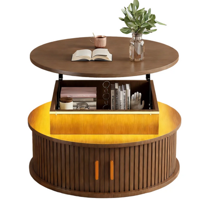 Table basse Romy, plateau relevé, compartiment de rangement et éclairage LED